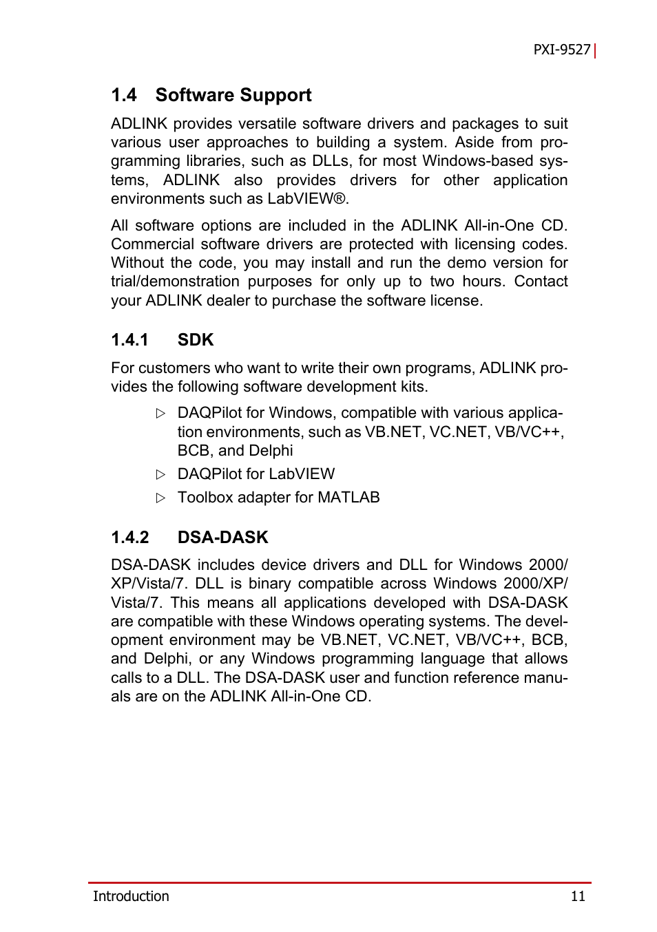4 software support, 1 sdk, 2 dsa-dask | Software support, Dsa-dask | ADLINK PXI-9527 User Manual | Page 21 / 54