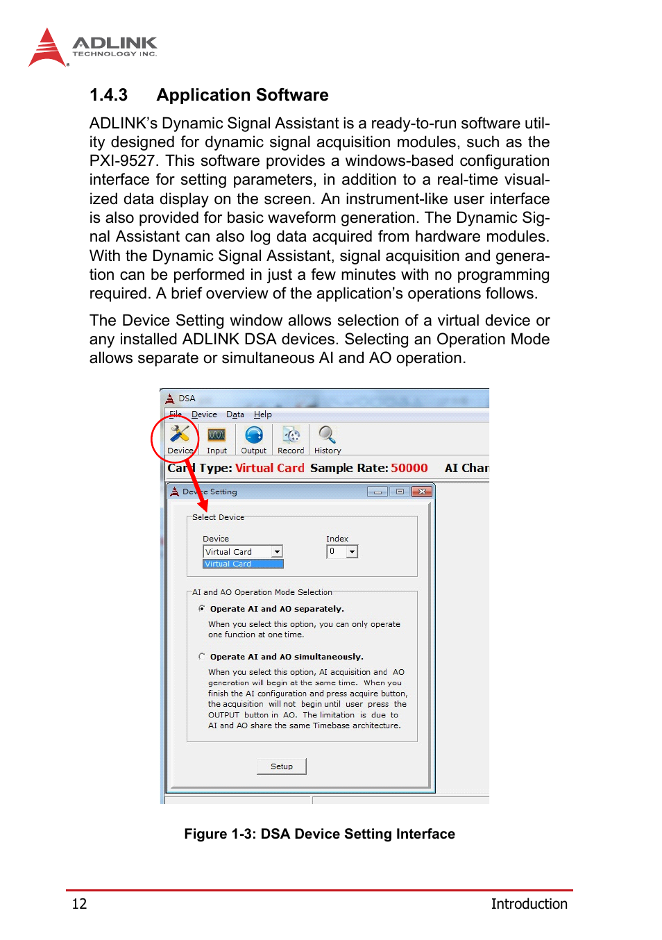 3 application software, Application software, Figure 1-3 | Dsa device setting interface | ADLINK PXI-9527 User Manual | Page 22 / 54