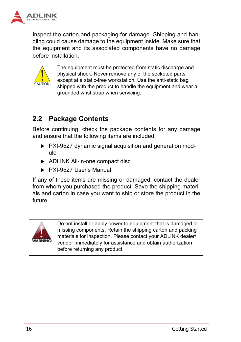 2 package contents, Package contents | ADLINK PXI-9527 User Manual | Page 26 / 54