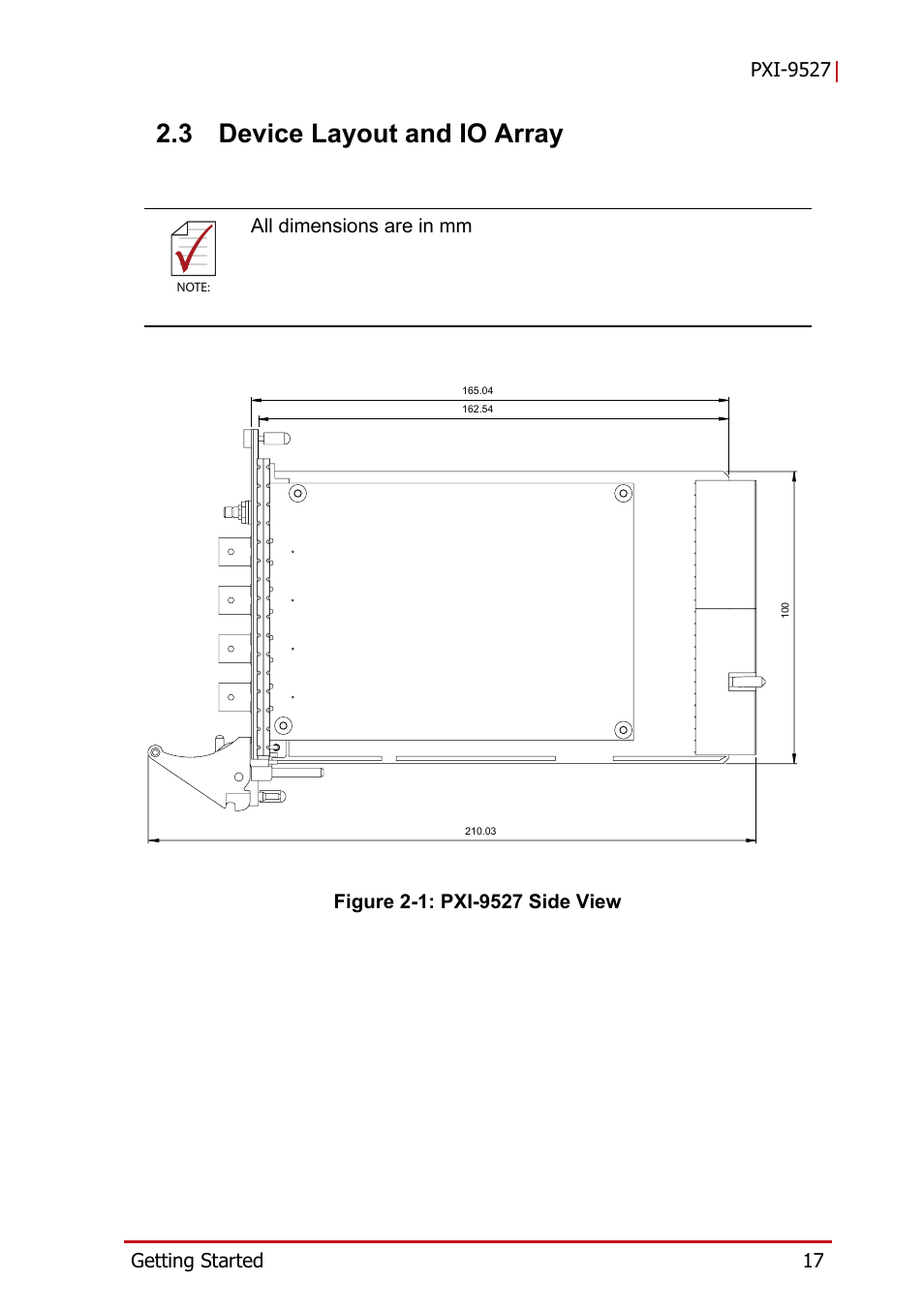 3 device layout and io array, Device layout and io array, Figure 2-1 | Pxi-9527 side view, All dimensions are in mm | ADLINK PXI-9527 User Manual | Page 27 / 54