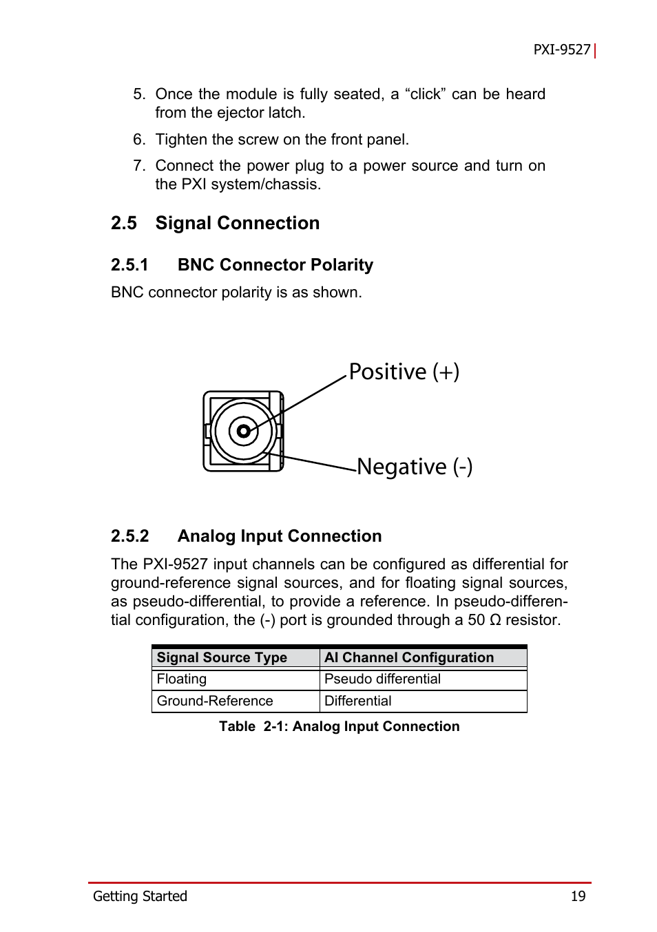 5 signal connection, 1 bnc connector polarity, 2 analog input connection | Signal connection, Bnc connector polarity, Analog input connection, Table 2-1: analog input connection, Positive (+) negative (-) | ADLINK PXI-9527 User Manual | Page 29 / 54