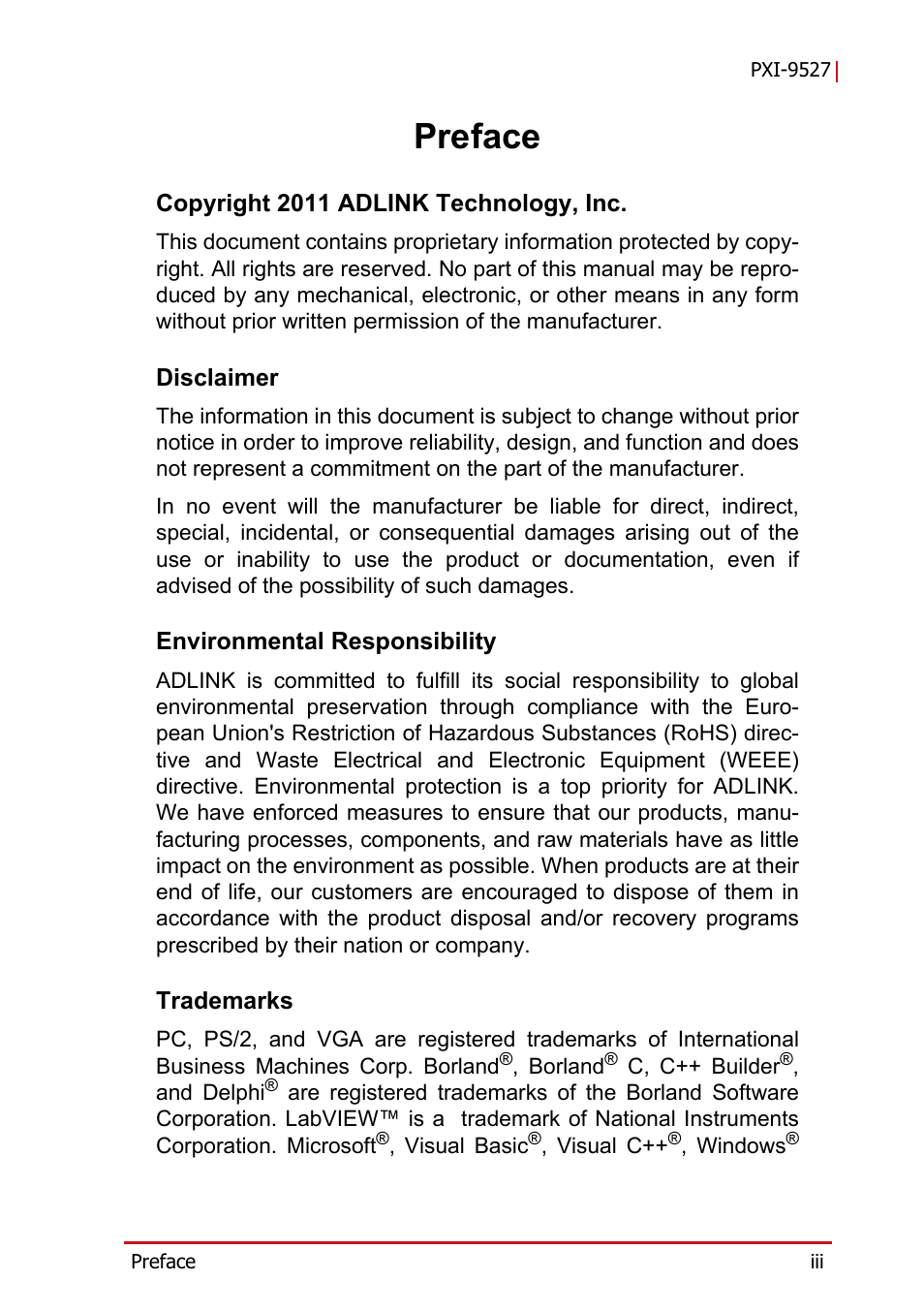 Preface | ADLINK PXI-9527 User Manual | Page 3 / 54