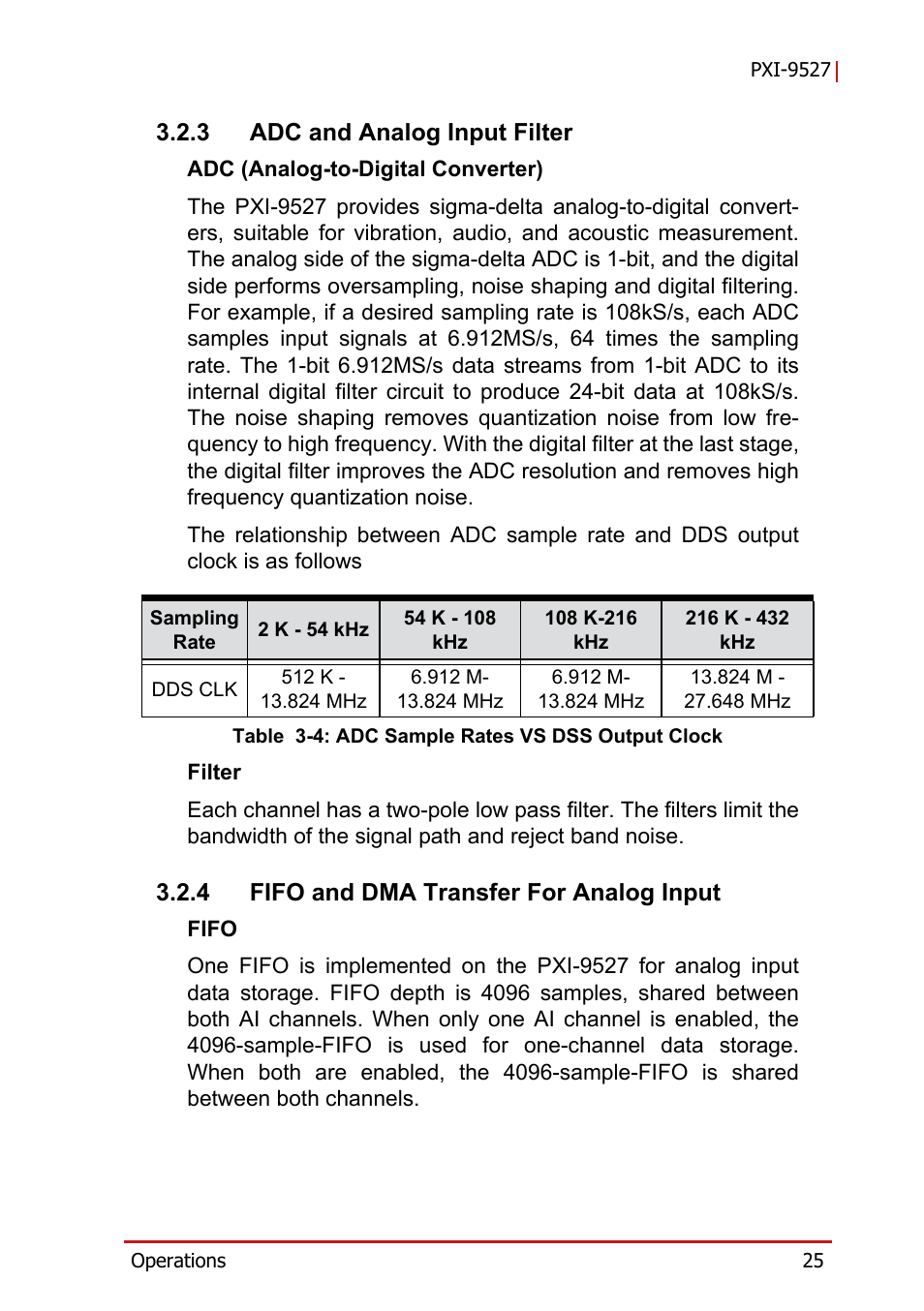 3 adc and analog input filter, 4 fifo and dma transfer for analog input, Adc and analog input filter | Fifo and dma transfer for analog input, Table 3-4: adc sample rates vs dss output clock | ADLINK PXI-9527 User Manual | Page 35 / 54