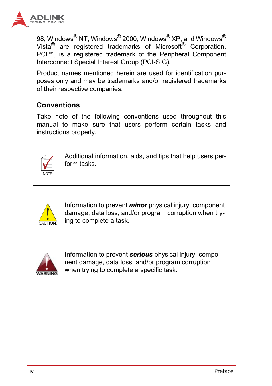 Conventions | ADLINK PXI-9527 User Manual | Page 4 / 54
