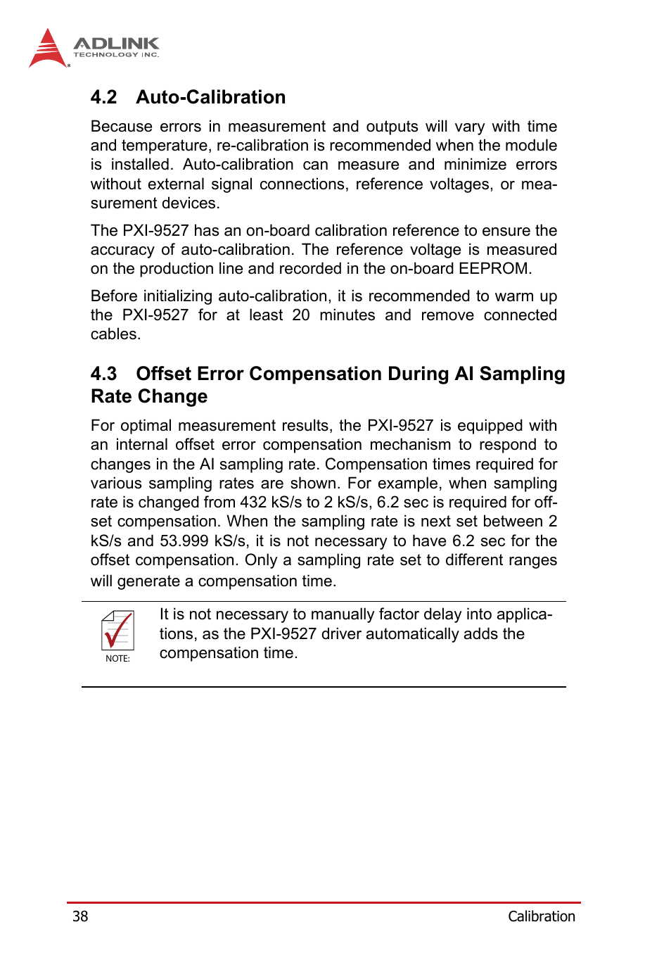 2 auto-calibration, Auto-calibration, Offset error compensation during | Ai sampling rate change | ADLINK PXI-9527 User Manual | Page 48 / 54
