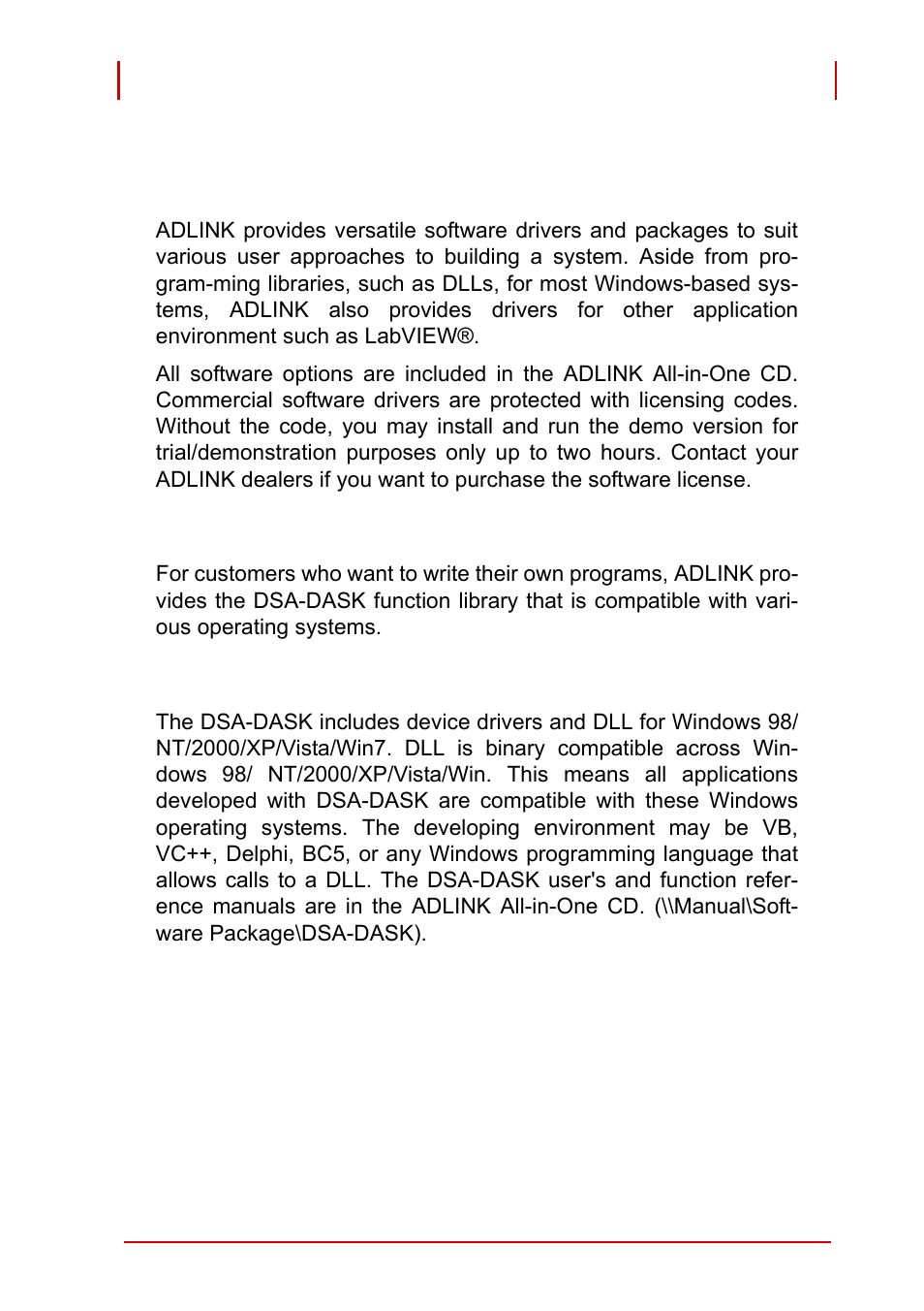 4 software support, 1 software support, 2 programming library | 3 dsa-dask, Software support, Programming library, Dsa-dask | ADLINK PCI-9527 User Manual | Page 23 / 56