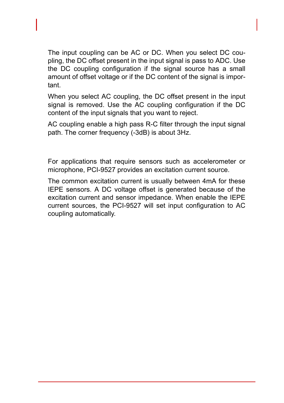 Input coupling, dc coupling or ac coupling, Input for iepe | ADLINK PCI-9527 User Manual | Page 35 / 56