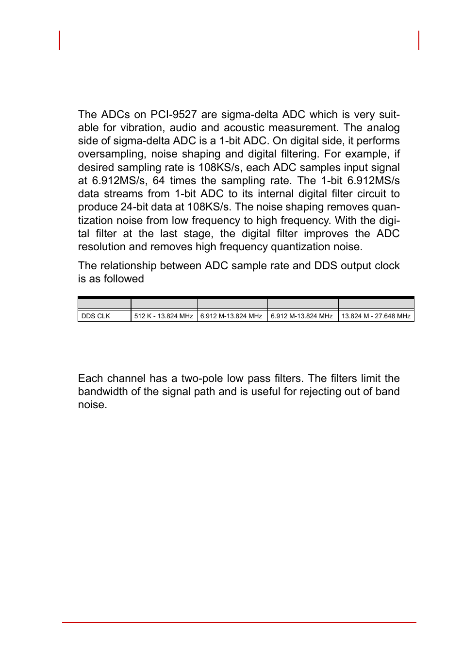 3 adc and analog input filter, Adc (analog-to-digital converter), Table 3-3: adc sample rates vs dss outpu clock | Filter, Adc and analog input filter | ADLINK PCI-9527 User Manual | Page 37 / 56