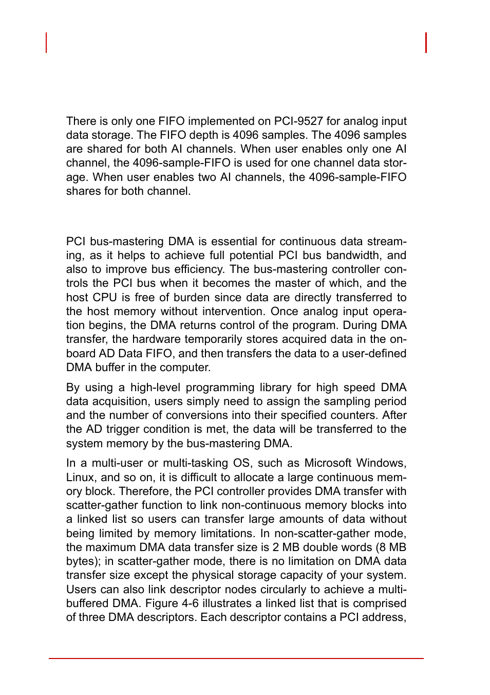 4 fifo and dma transfer for analog input, Fifo, Bus-mastering dma data transfer | Fifo and dma transfer for analog input | ADLINK PCI-9527 User Manual | Page 38 / 56