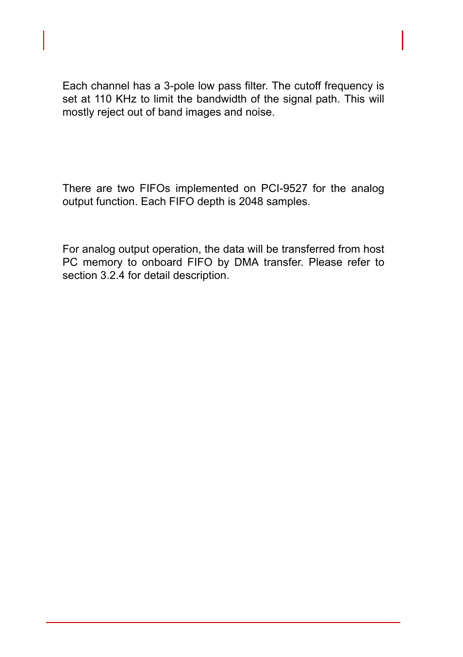 Analog front-end filter, 4 fifo and dma transfer for analog output, Fifo | Bus-mastering dma data transfer, Fifo and dma transfer for analog output | ADLINK PCI-9527 User Manual | Page 42 / 56