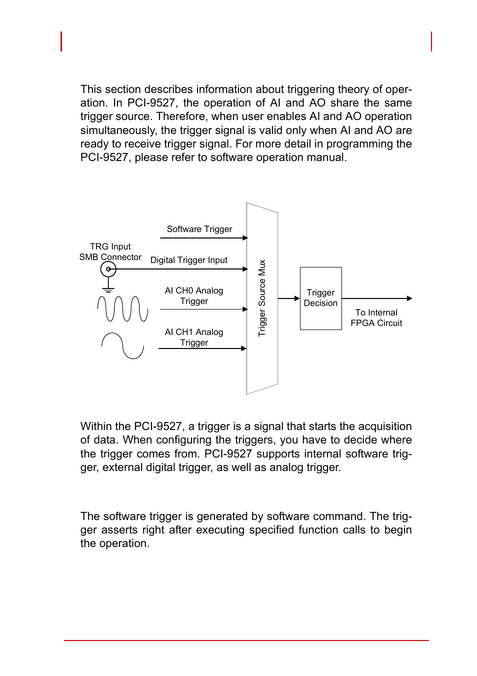 4 trigger source and trigger mode, 1 trigger sources, Figure 3-2: trigger architecture of the pci-9527 | Software trigger, Trigger source and trigger mode, Trigger sources | ADLINK PCI-9527 User Manual | Page 43 / 56