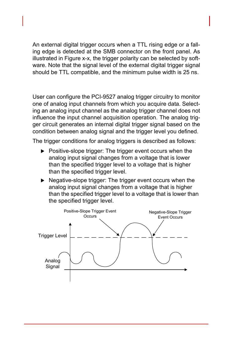 External digital trigger, Analog trigger, Figure 3-3: analog trigger conditions | ADLINK PCI-9527 User Manual | Page 44 / 56