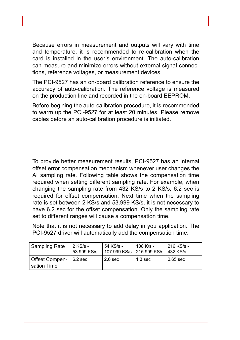 2 auto-calibration, Auto-calibration, Offset error compensation during | Ai sampling rate change, Table 4-1: offset compensation time required, For different sampling rates | ADLINK PCI-9527 User Manual | Page 52 / 56