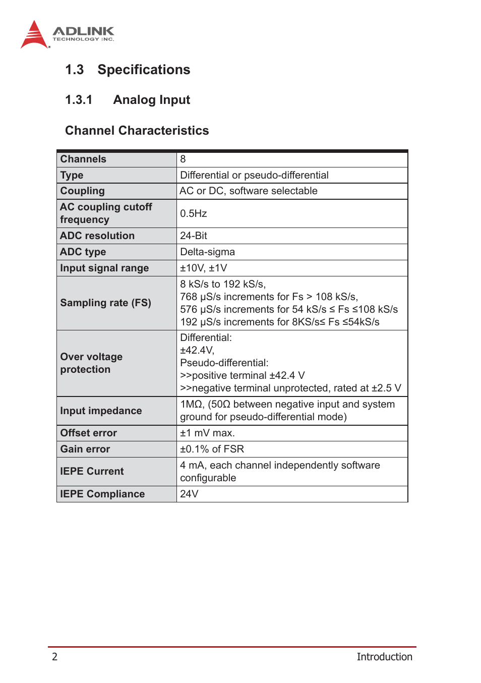 3 specifications, 1 analog input, Channel characteristics | Specifications, Analog input, 1 analog input channel characteristics | ADLINK PCIe-9529 User Manual | Page 12 / 46