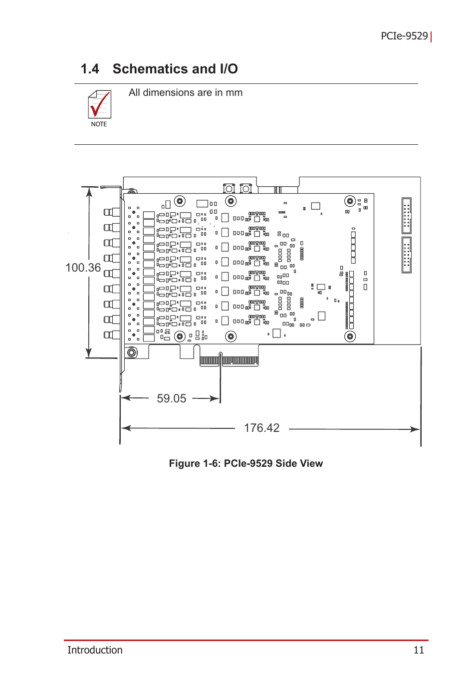 4 schematics and i/o, Schematics and i/o, Figure 1-6 | Pcie-9529 side view | ADLINK PCIe-9529 User Manual | Page 21 / 46