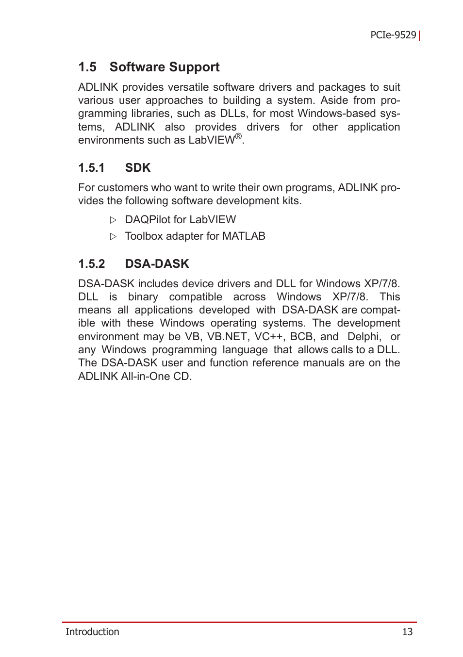 5 software support, 1 sdk, 2 dsa-dask | Software support, Dsa-dask | ADLINK PCIe-9529 User Manual | Page 23 / 46