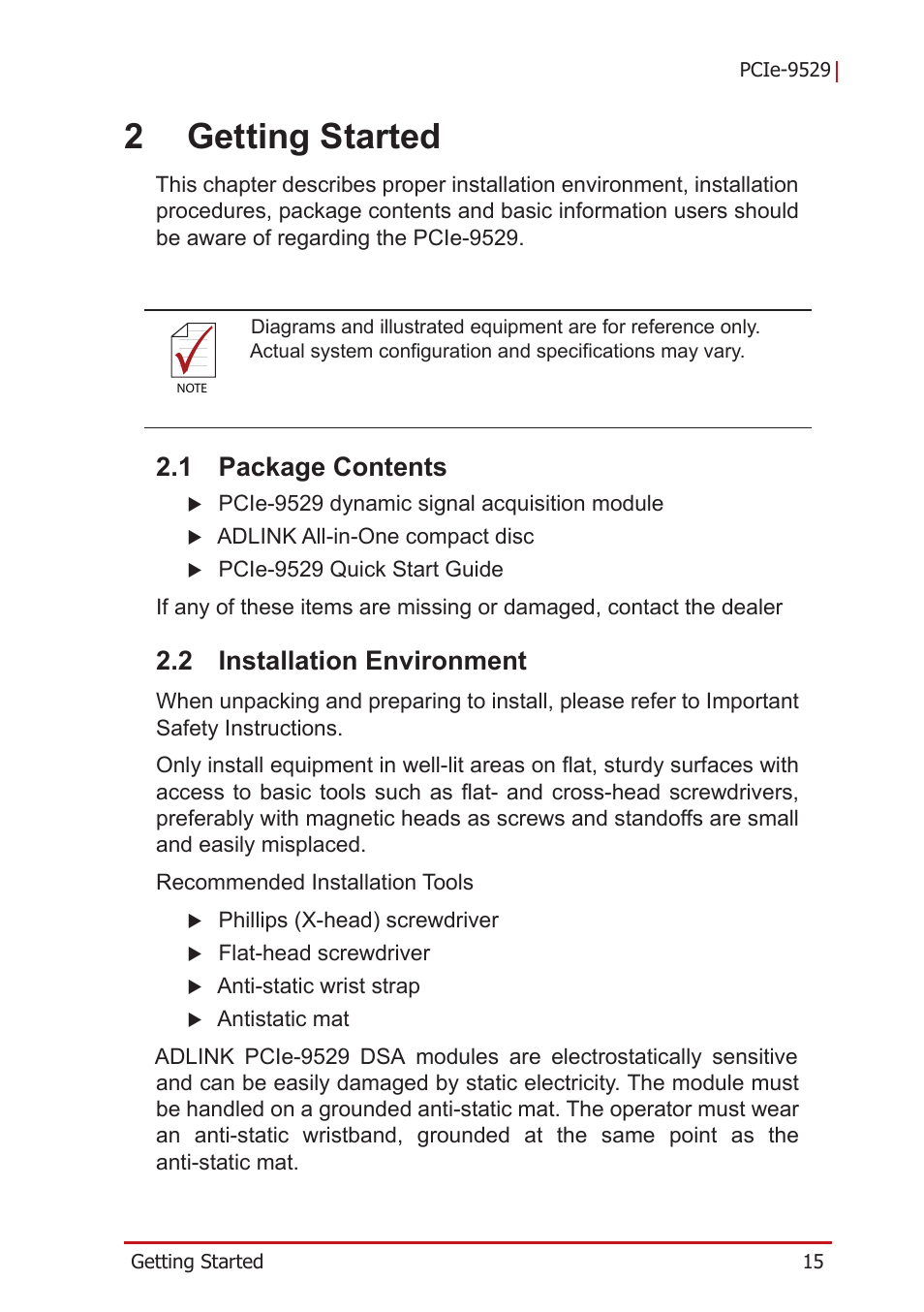 2 getting started, 1 package contents, 2 installation environment | Package contents, Installation environment, 2getting started | ADLINK PCIe-9529 User Manual | Page 25 / 46