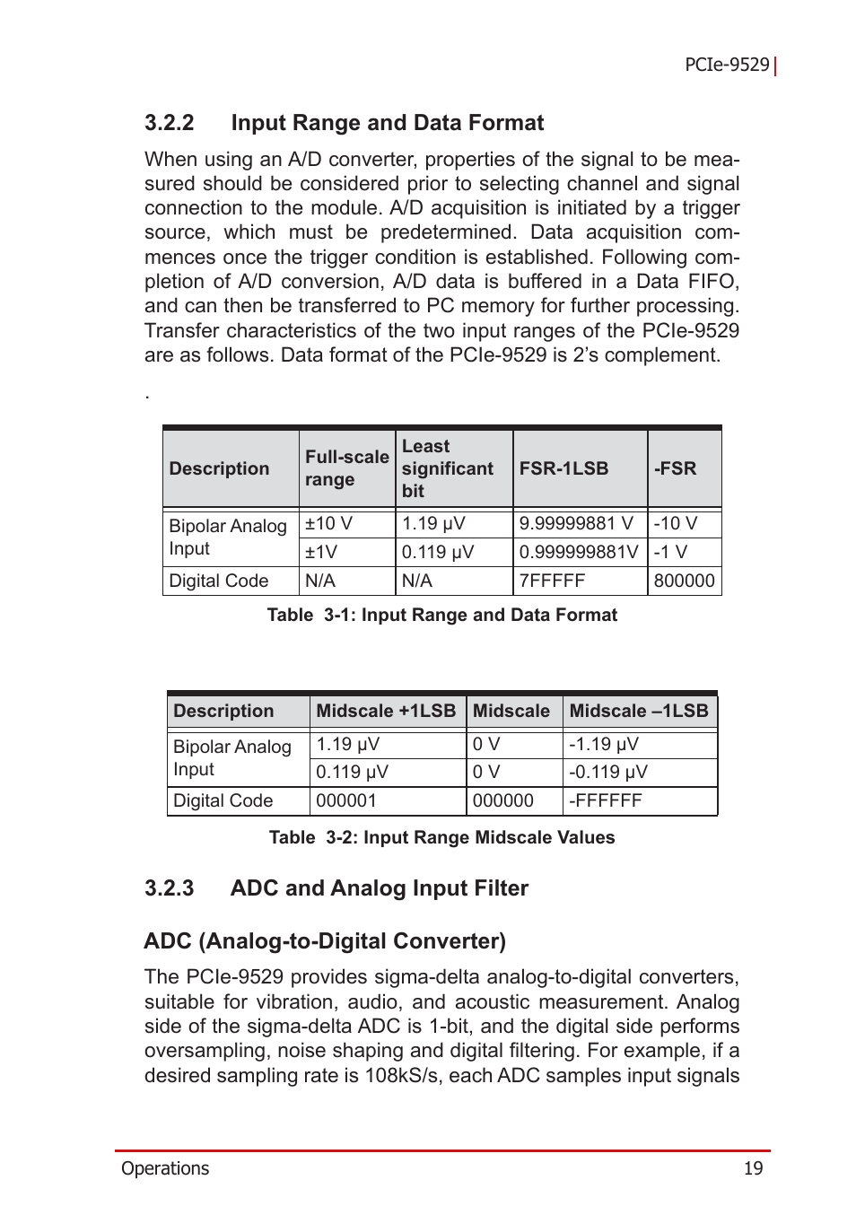 2 input range and data format, 3 adc and analog input filter, Adc (analog-to-digital converter) | Input range and data format, Adc and analog input filter | ADLINK PCIe-9529 User Manual | Page 29 / 46