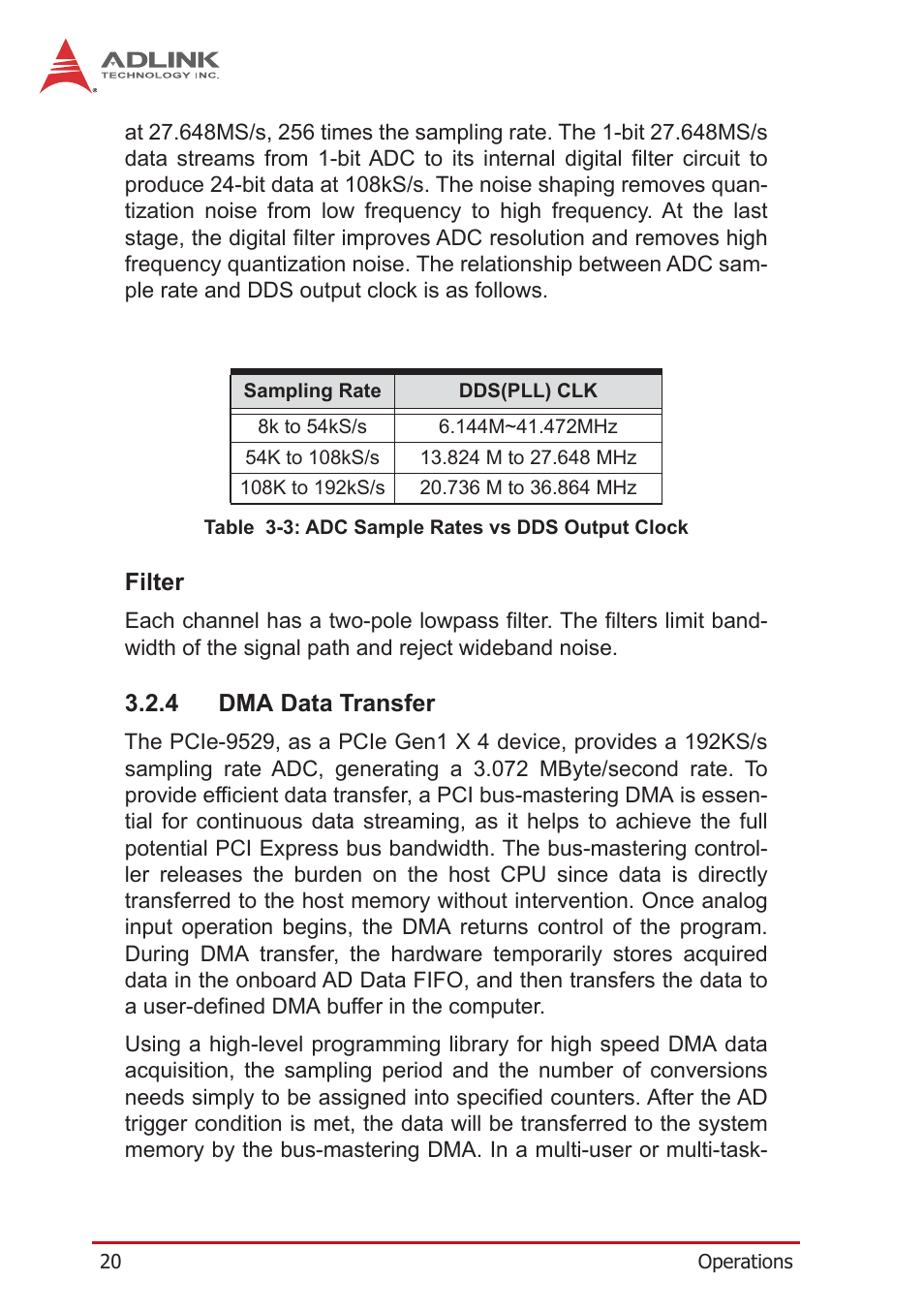 Filter, 4 dma data transfer, Dma data transfer | Table 3-3: adc sample rates vs dds output clock | ADLINK PCIe-9529 User Manual | Page 30 / 46