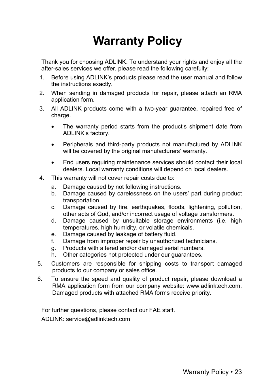 Warranty policy | ADLINK PXI-7901 User Manual | Page 29 / 29