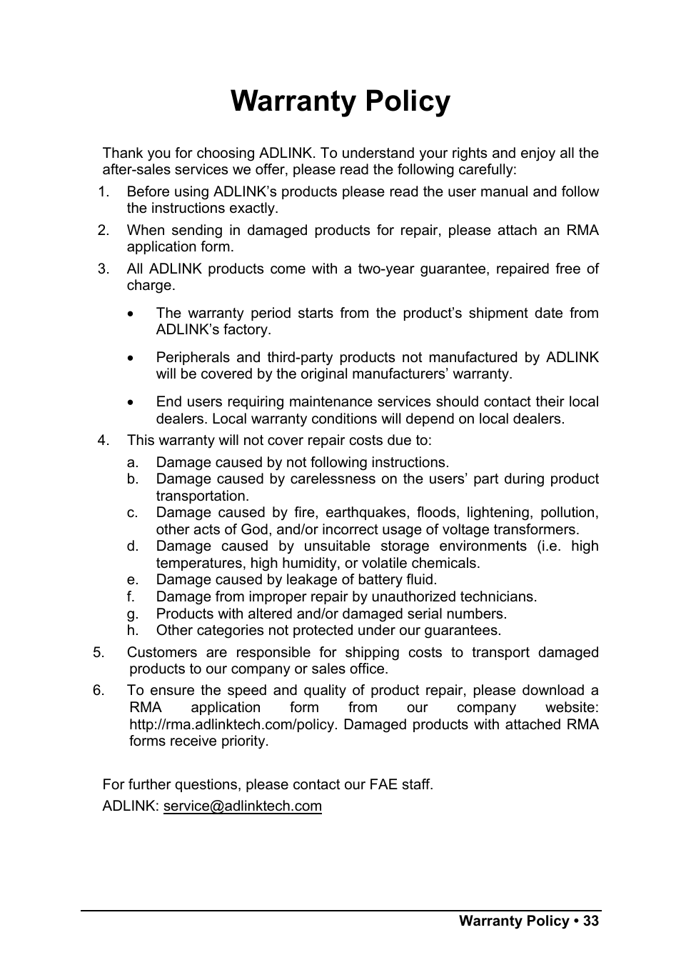 Warranty policy | ADLINK PXI-7931 User Manual | Page 39 / 39