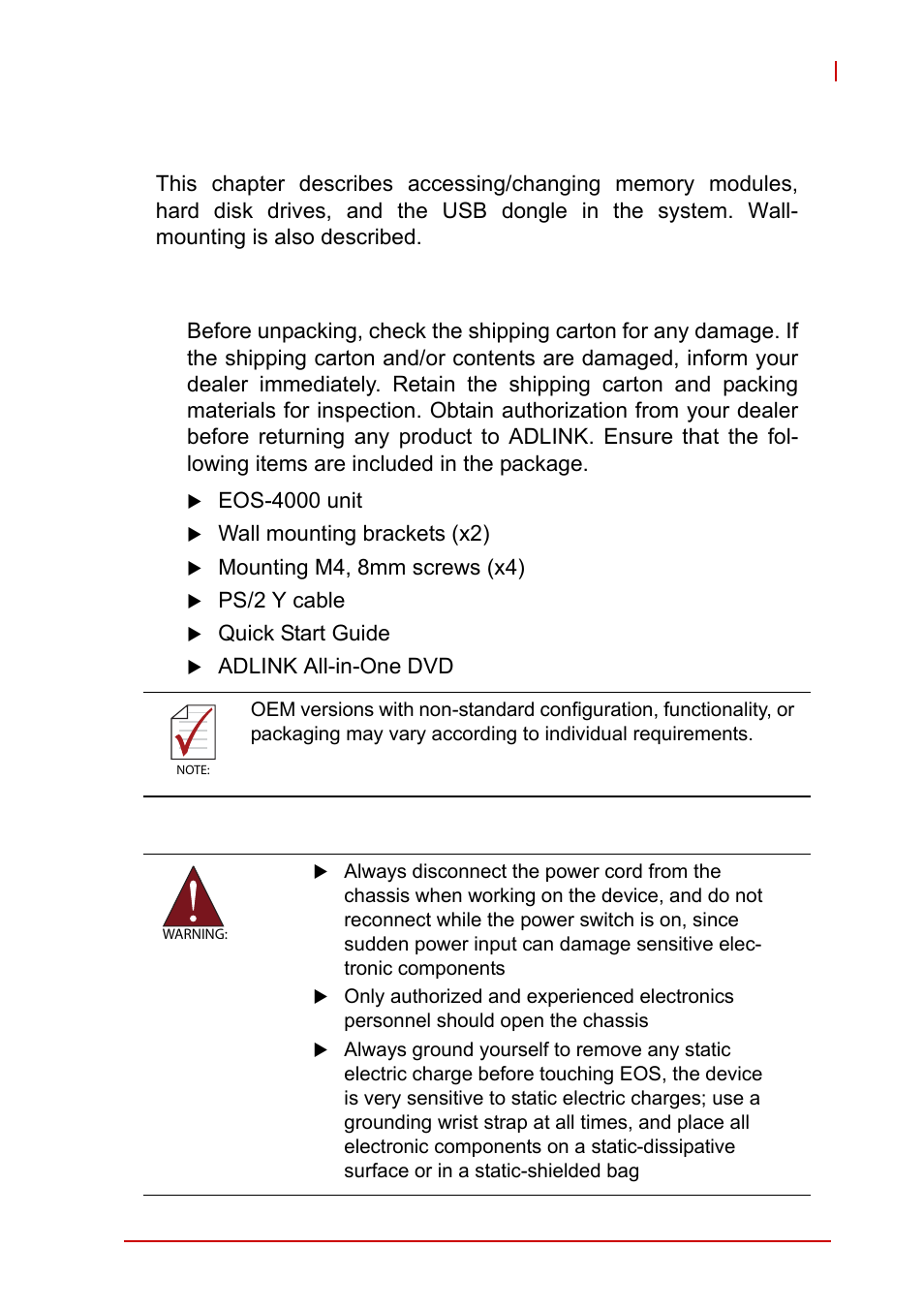 2 getting started, 1 unpacking checklist, Unpacking checklist | 2getting started | ADLINK EOS-4000 User Manual | Page 39 / 80