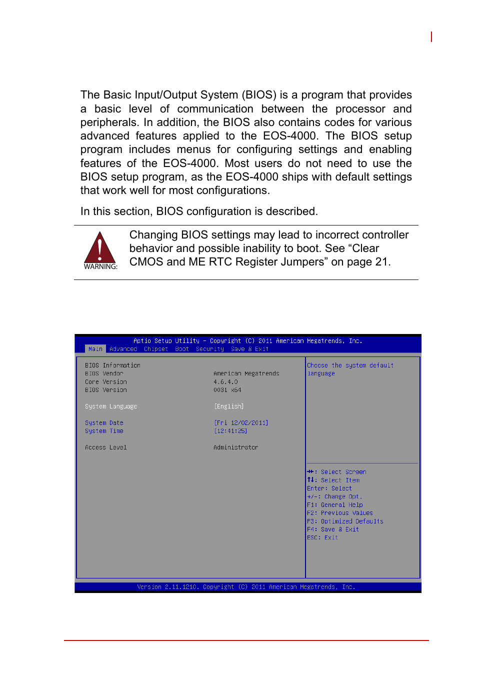 Appendix a bios setup, A.1 main, A appendix: bios setup | Main | ADLINK EOS-4000 User Manual | Page 55 / 80