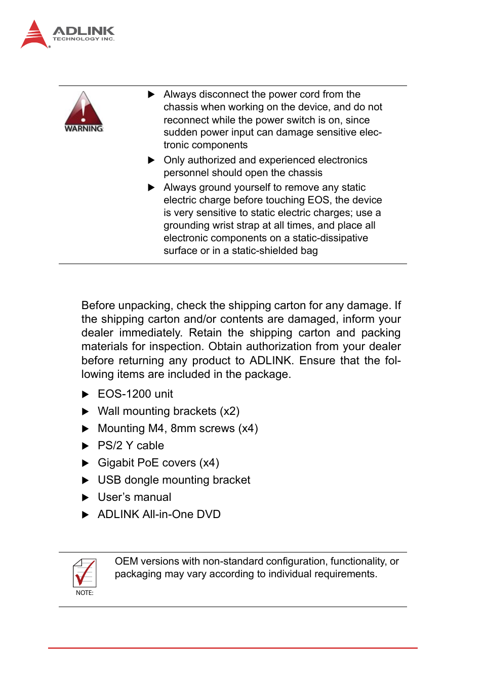 4 unpacking checklist, Unpacking checklist | ADLINK EOS-1200 User Manual | Page 16 / 108