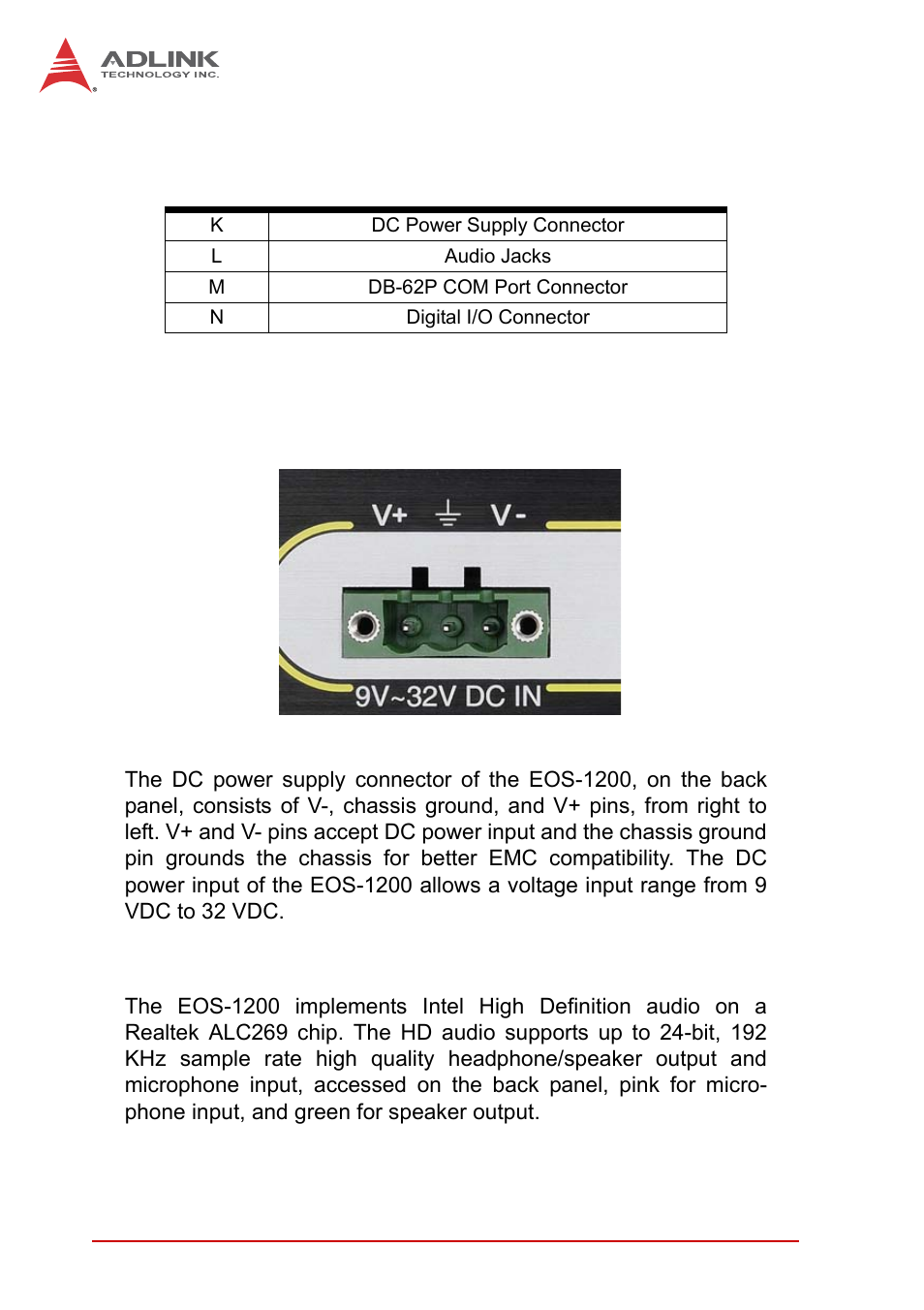 1 dc power supply connector, 2 audio jacks, Dc power supply connector | Audio jacks, Table 1-9: rear panel i/o connector legend | ADLINK EOS-1200 User Manual | Page 26 / 108