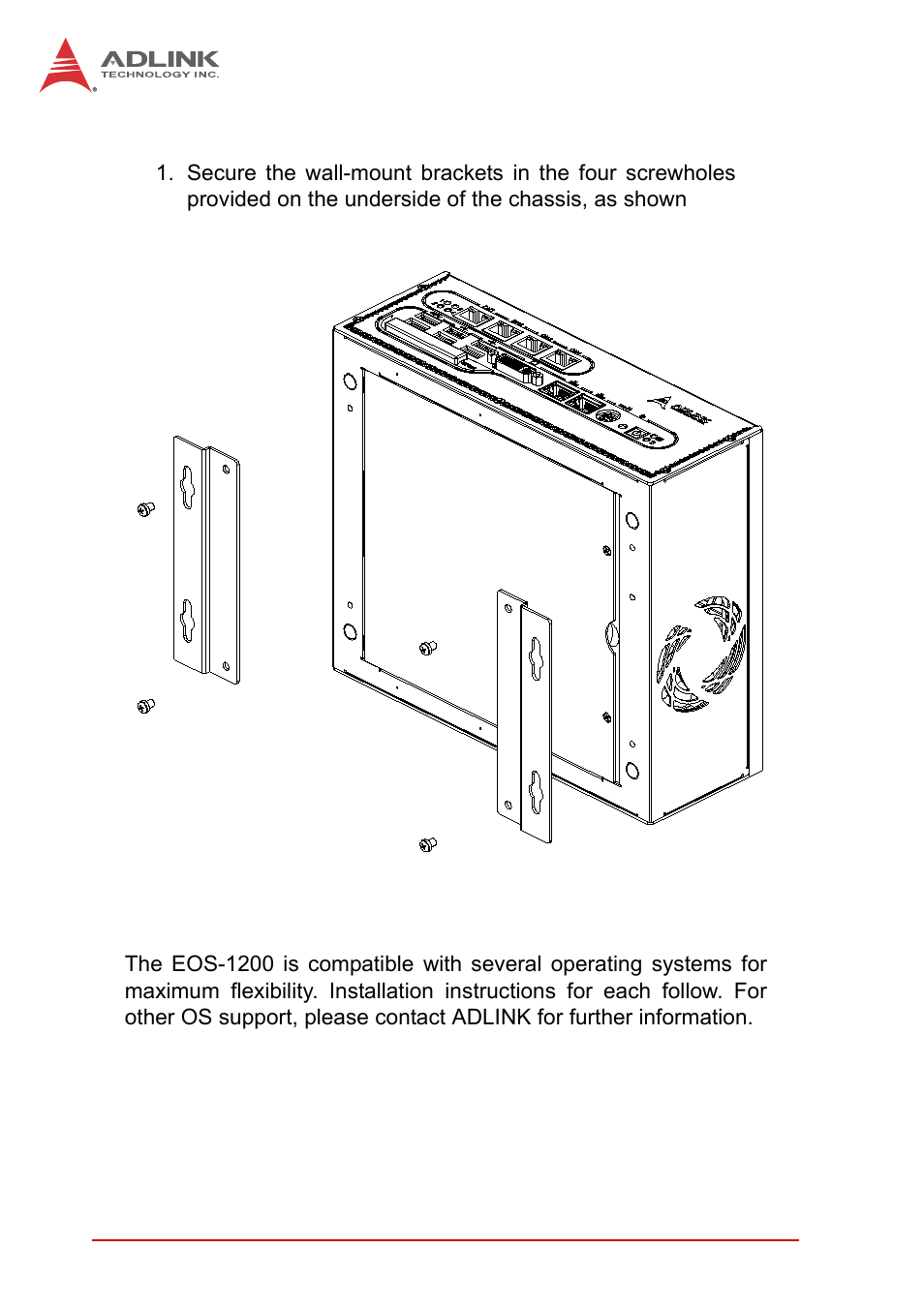 4 installing wall-mount brackets, 5 operating system installation, Installing wall-mount brackets | Operating system installation | ADLINK EOS-1200 User Manual | Page 42 / 108