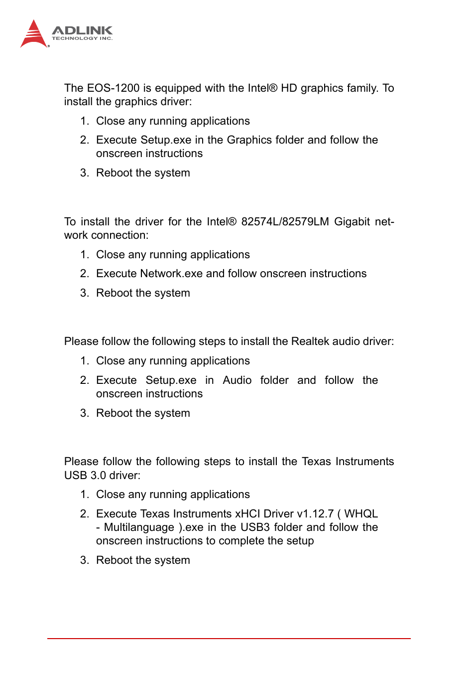 2 graphics driver installation, 3 ethernet driver installation, 4 audio driver installation | 5 usb 3.0 driver installation, Graphics driver installation, Ethernet driver installation, Audio driver installation, Usb 3.0 driver installation | ADLINK EOS-1200 User Manual | Page 48 / 108