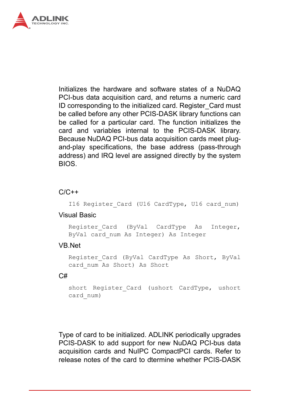 A.2 system & initialization functions, A.1.1 register_card, System & initialization functions | A.1.1, Register_card | ADLINK EOS-1200 User Manual | Page 54 / 108