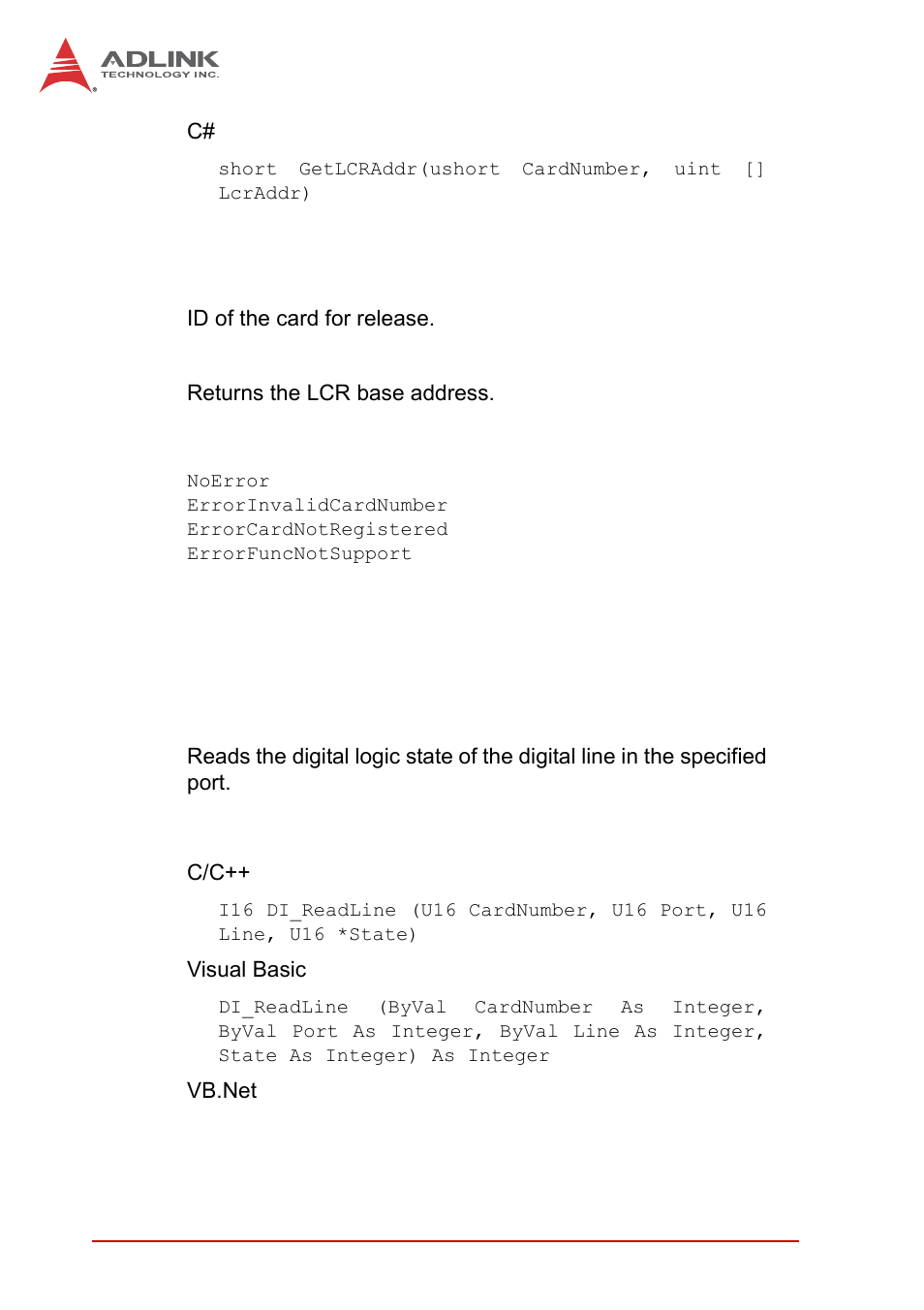 A.2 di/o functions, A.1.1 di_readline, Di/o functions | A.1.1, Di_readline | ADLINK EOS-1200 User Manual | Page 60 / 108