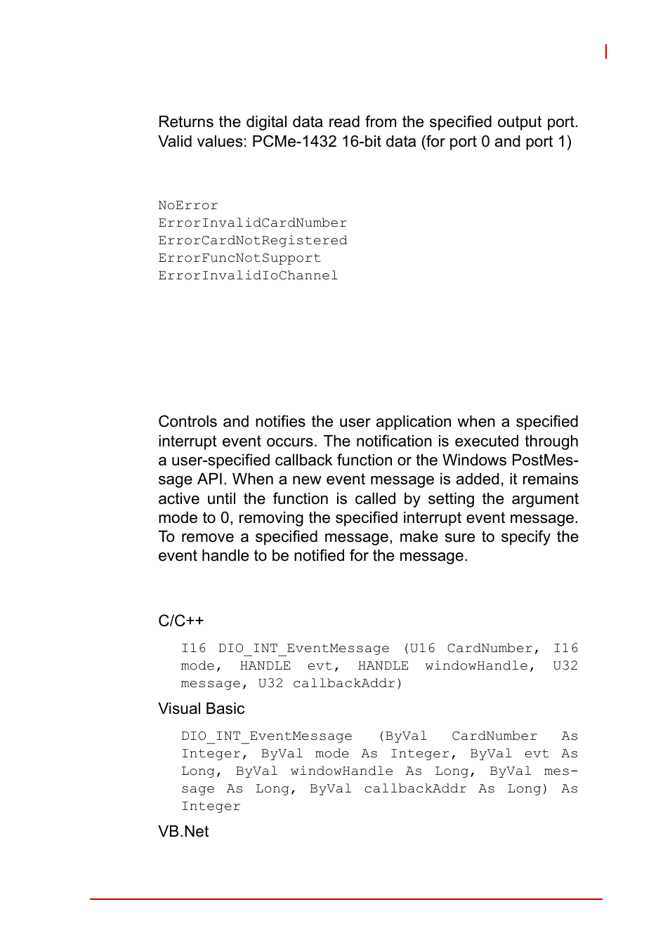 A.2 cos interrupt functions, A.1.1 dio_int_event_message, Cos interrupt functions | A.1.1, Dio_int_event_message | ADLINK EOS-1200 User Manual | Page 67 / 108