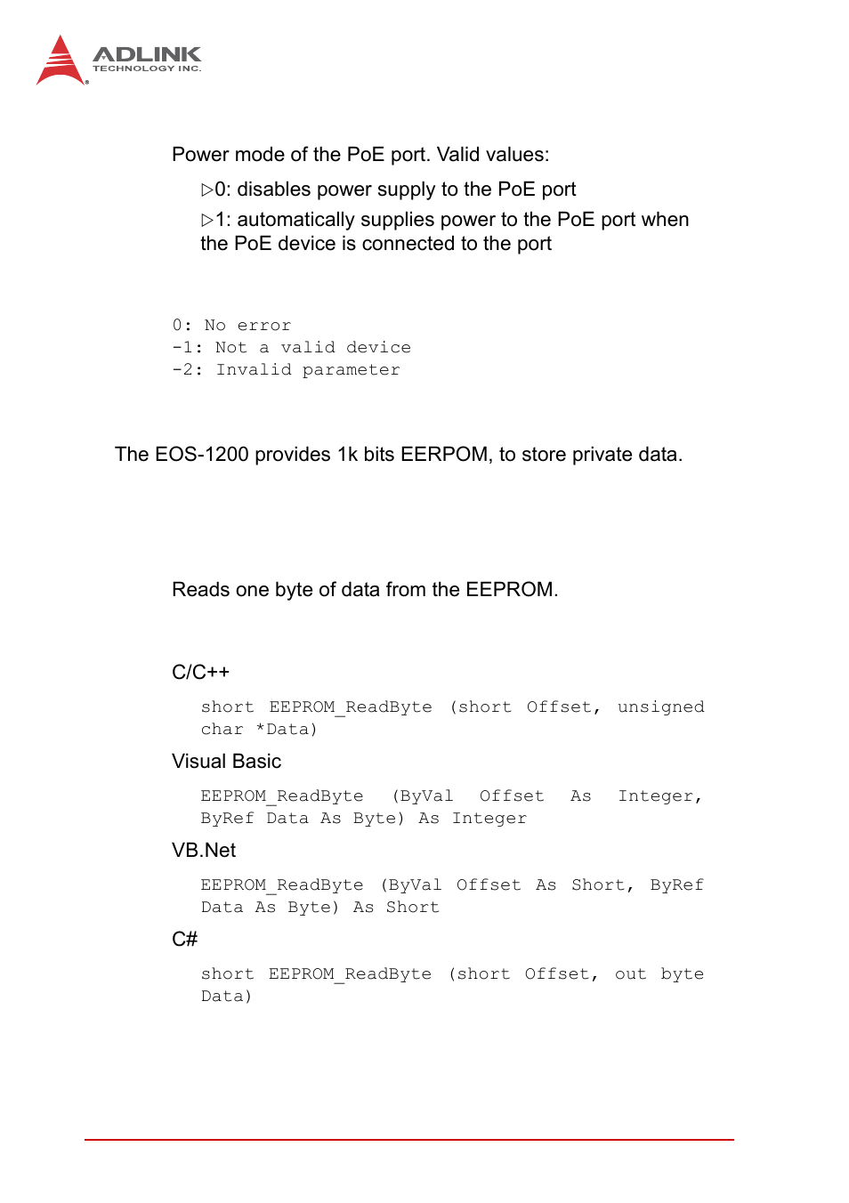 A.2 eeprom functions, A.1.1 eeprom_readbyte, Eeprom functions | A.1.1, Eeprom_readbyte | ADLINK EOS-1200 User Manual | Page 78 / 108