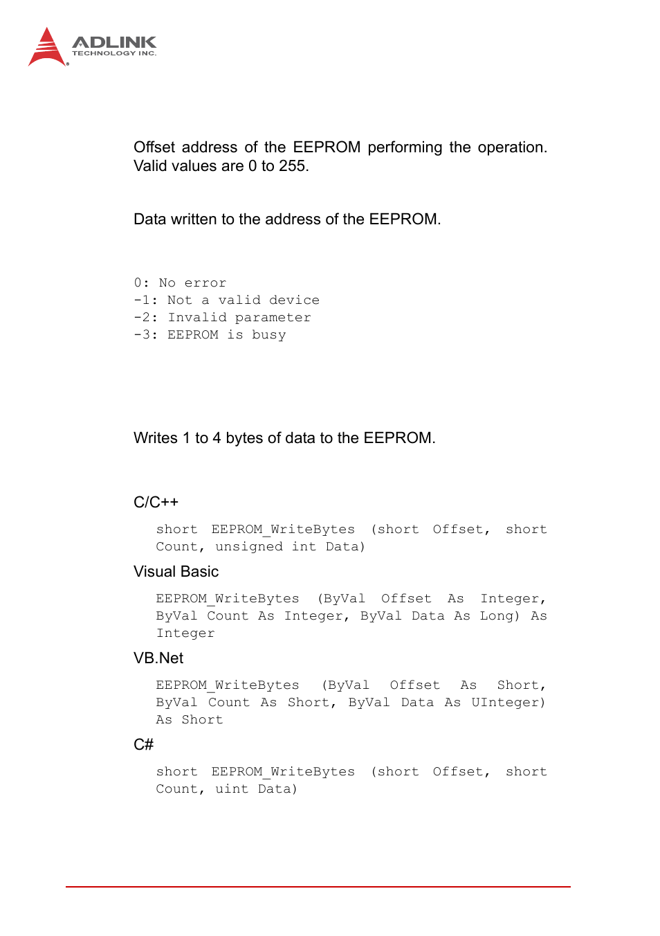 A.1.3 eeprom_writebytes, A.1.3, Eeprom_writebytes | ADLINK EOS-1200 User Manual | Page 80 / 108