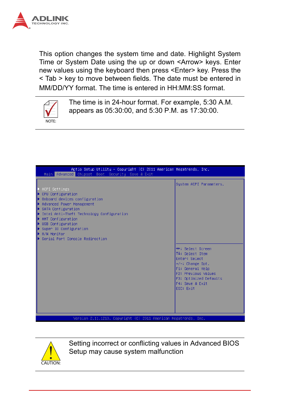 B.1.1 system time/system date, B.2 advanced, B.1.1 | System time/system date, Advanced | ADLINK EOS-1200 User Manual | Page 84 / 108