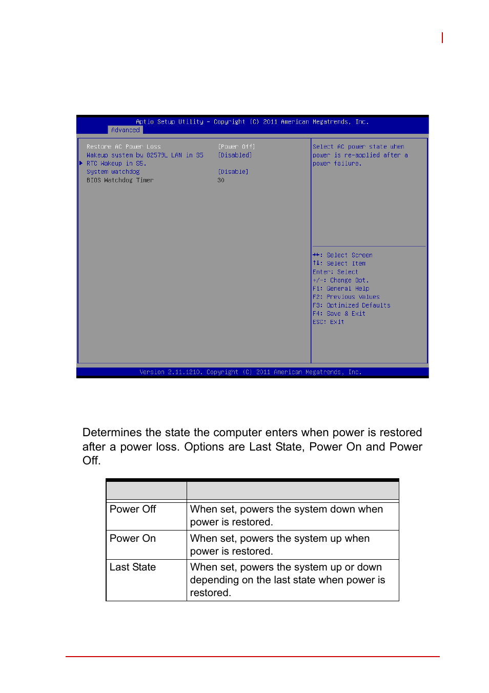 B.2.4 advanced power management, B.2.4, Advanced power management | Table b-1: restore on power loss options | ADLINK EOS-1200 User Manual | Page 89 / 108