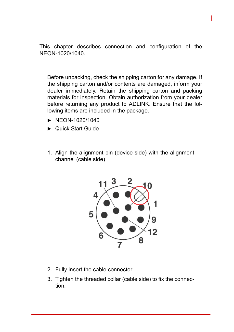 2 getting started, 1 unpacking checklist, 2 connecting a vga/usb cable | Unpacking checklist, Connecting a vga/usb cable, Figure 2-1: vga/usb alignment pin (device side), 2getting started | ADLINK NEON-1020 User Manual | Page 27 / 40