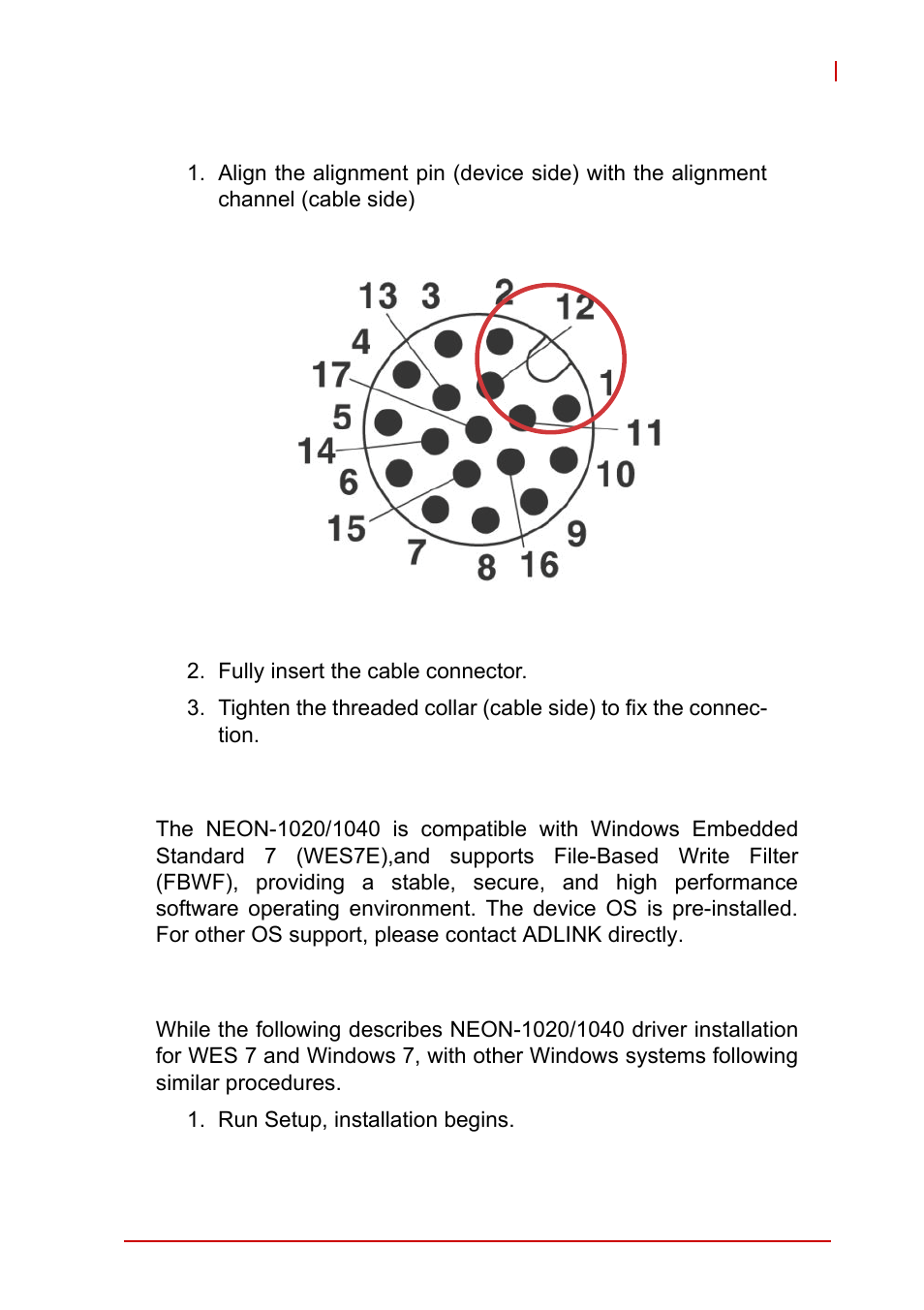 4 connecting a power cable, 5 operating system installation, 6 driver installation | Connecting a power cable, Operating system installation, Driver installation, Figure 2-3: power alignment pin (device side) | ADLINK NEON-1020 User Manual | Page 29 / 40