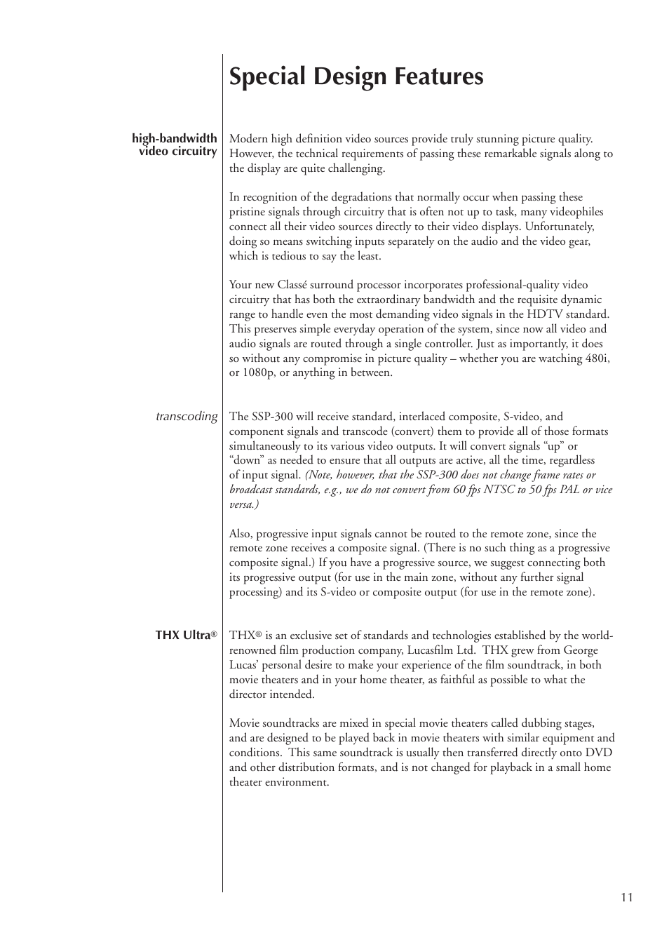 Special design features | Classe Audio SSP-300 User Manual | Page 11 / 62