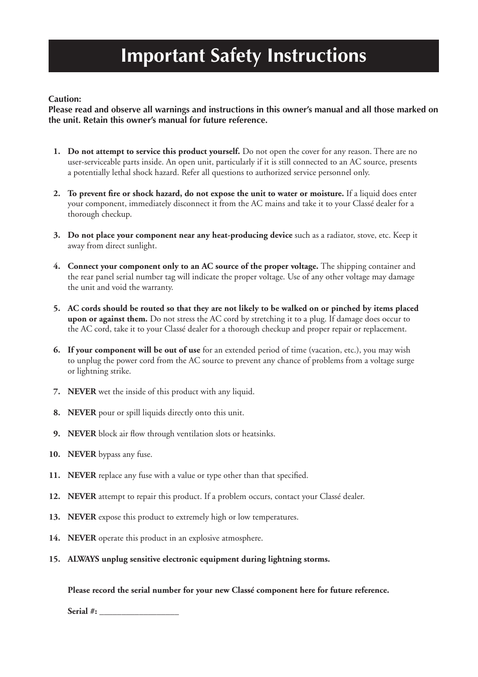 Important safety instructions | Classe Audio SSP-300 User Manual | Page 3 / 62