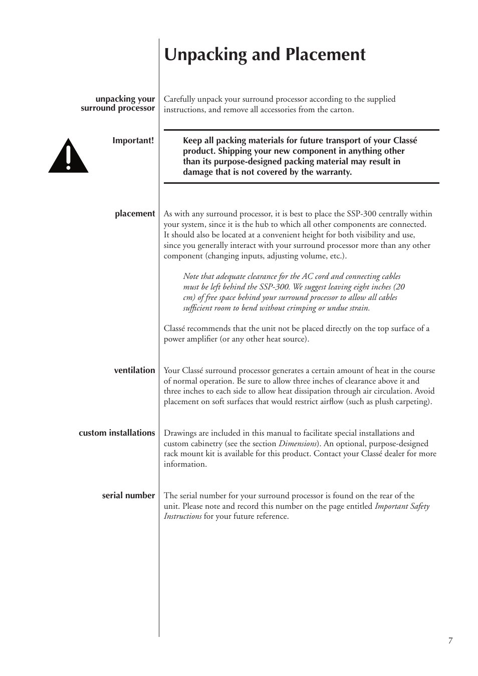 Unpacking and placement | Classe Audio SSP-300 User Manual | Page 7 / 62
