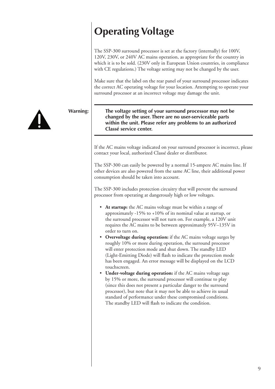 Operating voltage | Classe Audio SSP-300 User Manual | Page 9 / 62