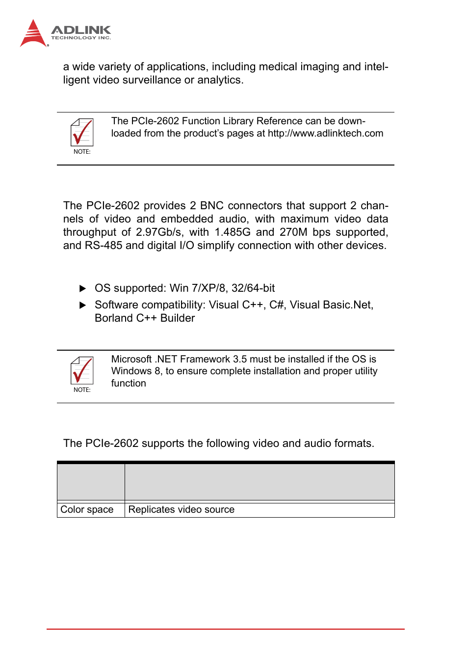 4 specifications, 1 software support, 2 video & audio | Specifications, Software support, Video & audio | ADLINK PCIe-2602 User Manual | Page 12 / 60