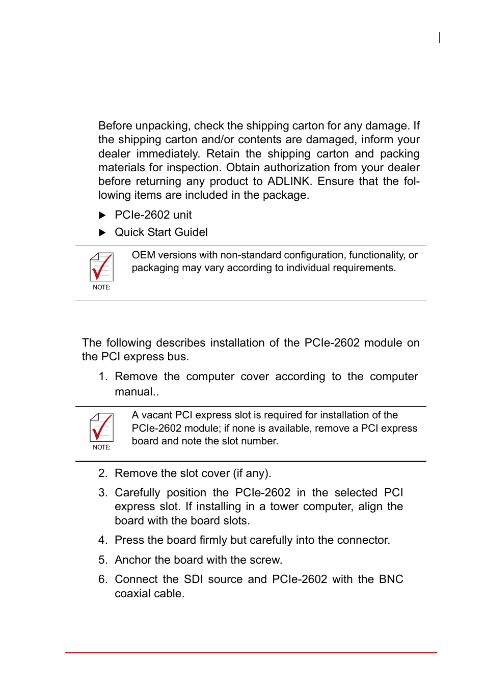 2 getting started, 1 unpacking checklist, 2 installation | Unpacking checklist, Installation, 2getting started | ADLINK PCIe-2602 User Manual | Page 35 / 60