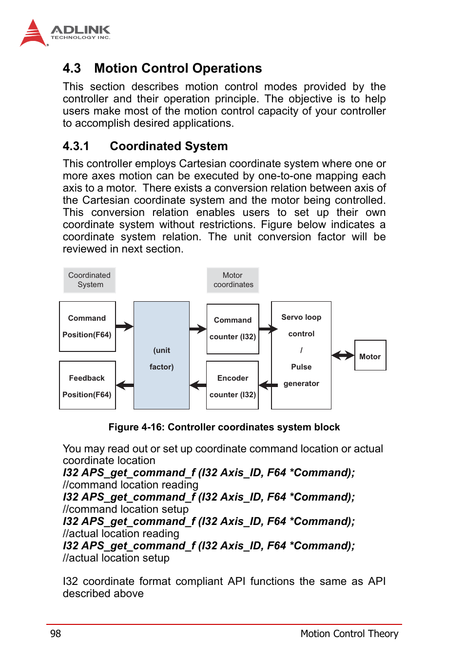 3 motion control operations, 1 coordinated system, Motion control operations | Coordinated system, Figure 4-16, Controller coordinates system block | ADLINK PCI-8258 User Manual | Page 112 / 226