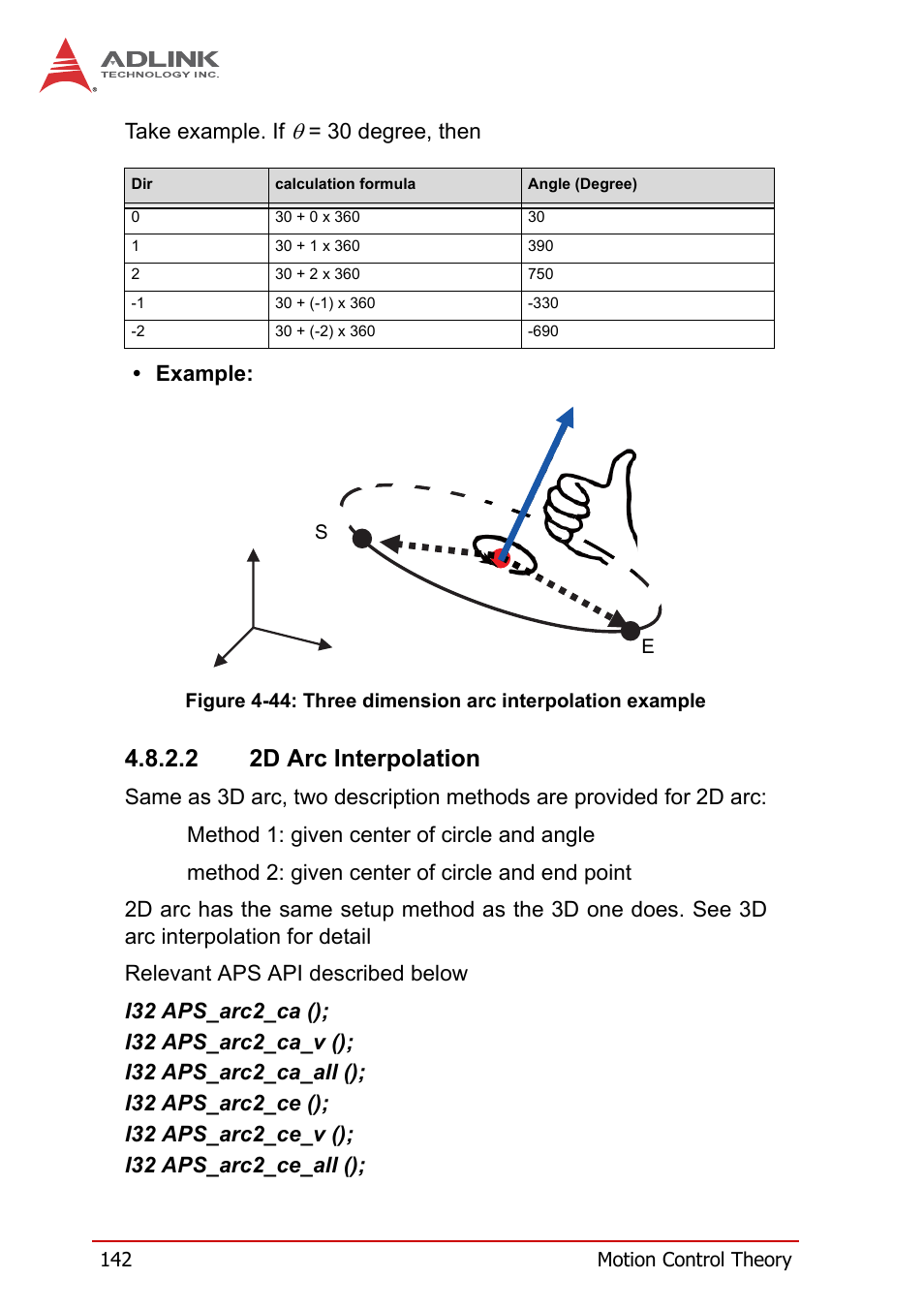 Figure 4-44, Three dimension arc interpolation example, 2 2d arc interpolation | Take example. if, 30 degree, then • example | ADLINK PCI-8258 User Manual | Page 156 / 226