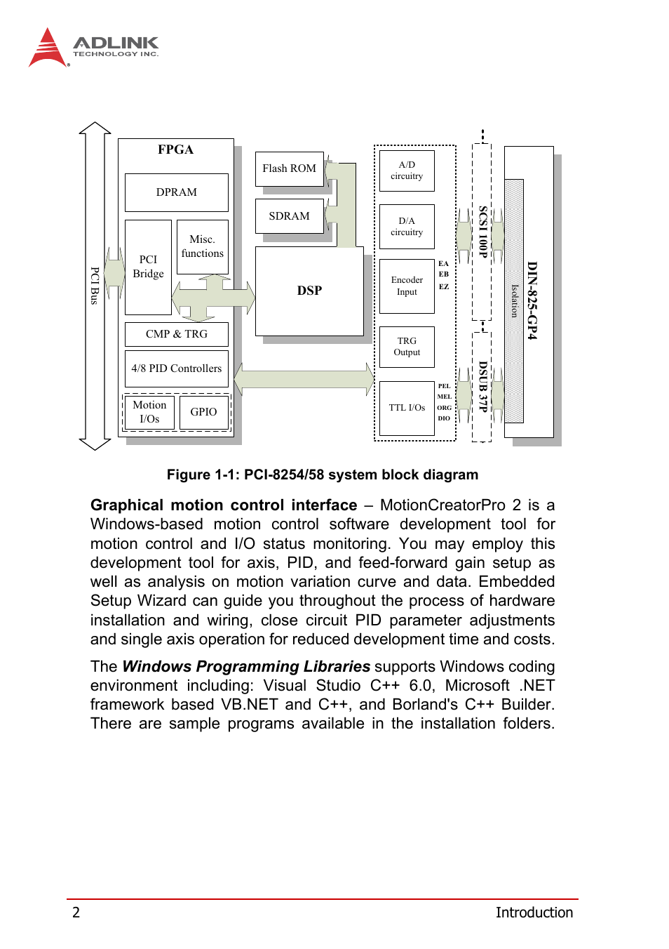 Figure 1-1, Pci-8254/58 system block diagram, Fpga | Din-825-gp4 | ADLINK PCI-8258 User Manual | Page 16 / 226