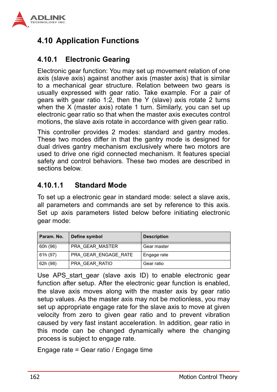 10 application functions, 1 electronic gearing, Electronic gearing | 1 standard mode | ADLINK PCI-8258 User Manual | Page 176 / 226